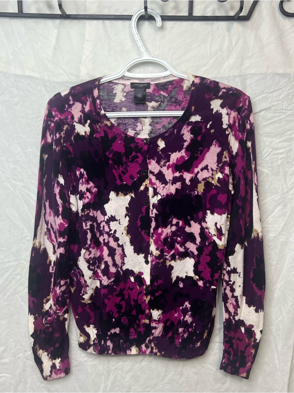 Ann Taylor Purple Floral Abstract Button-Front Cardigan